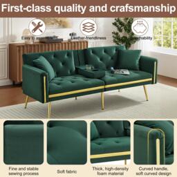 Two-Seater Convertible Sofa Bed with  Adjustable Backrest, Space-Saving Sleeper Sofa with High-Density Foam, 174L x 76W x 71.5H cm, Green - Aosom UK - thumbnail 6