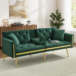 Two-Seater Convertible Sofa Bed with  Adjustable Backrest, Space-Saving Sleeper Sofa with High-Density Foam, 174L x 76W x 71.5H cm, Green - Aosom UK - thumbnail 1