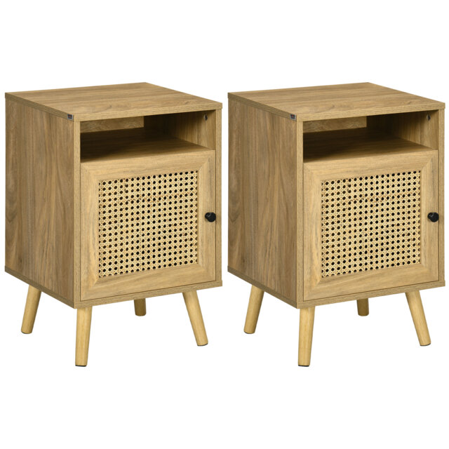 HOMCOM Bedside Table with Rattan Element, Side End Table with Shelf and Cupboard, 39cmx35cmx60cm, Set of 2, Natural - image 1