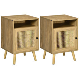 HOMCOM Bedside Table with Rattan Element, Side End Table with Shelf and Cupboard, 39cmx35cmx60cm, Set of 2, Natural - thumbnail 1