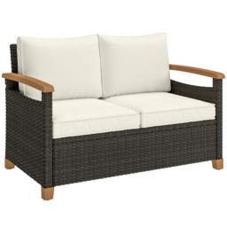 Outsunny 2 Seater Rattan Garden Sofa, Outdoor Sofa with Thickened Cushions and Acacia Wood Armrests, Brown - thumbnail 1