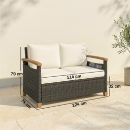 Outsunny 2 Seater Rattan Garden Sofa, Outdoor Sofa with Thickened Cushions and Acacia Wood Armrests, Brown - thumbnail 3