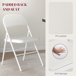 HOMCOM Padded Folding Chairs Set of 2 PU Leather Foldable Chairs with Cushioned Seat and Metal Frame for Home Office Dining, White - Aosom UK - thumbnail 4