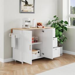 Versatile Kitchen Island with 3 Drawers and 2-Door Cabinet, Space-Saving Rolling Trolley with Foldable Worktop, 135L x 70W x 90H cm, White - Aosom UK - thumbnail 9