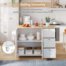 Versatile Kitchen Island with 3 Drawers and 2-Door Cabinet, Space-Saving Rolling Trolley with Foldable Worktop, 135L x 70W x 90H cm, White - Aosom UK - thumbnail 5