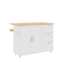 Versatile Kitchen Island with 3 Drawers and 2-Door Cabinet, Space-Saving Rolling Trolley with Foldable Worktop, 135L x 70W x 90H cm, White - Aosom UK - thumbnail 2