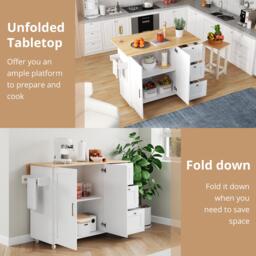 Versatile Kitchen Island with 3 Drawers and 2-Door Cabinet, Space-Saving Rolling Trolley with Foldable Worktop, 135L x 70W x 90H cm, White - Aosom UK - thumbnail 6