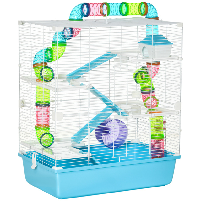 PawHut Hamster Cage w/ Water Bottle, Exercise Wheel, Tubes, Ramps - Light Blue - image 1