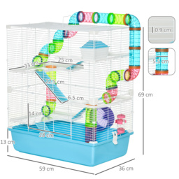 PawHut Hamster Cage w/ Water Bottle, Exercise Wheel, Tubes, Ramps - Light Blue - thumbnail 3