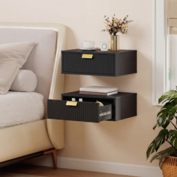HOMCOM Modern Floating Nightstands Set of 2, Wall Mounted Bedside Tables with Wave Drawer Black - thumbnail 2