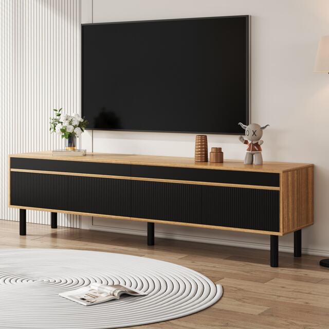 Elegant TV Cabinet with 4 Doors, Striped Design and Wooden Legs, Media Cabinet for Modern Homes, 170L x 38W x 47H cm, Black+Natural - Aosom UK - image 1