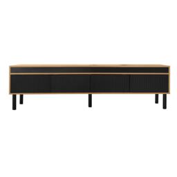 Elegant TV Cabinet with 4 Doors, Striped Design and Wooden Legs, Media Cabinet for Modern Homes, 170L x 38W x 47H cm, Black+Natural - Aosom UK - thumbnail 2