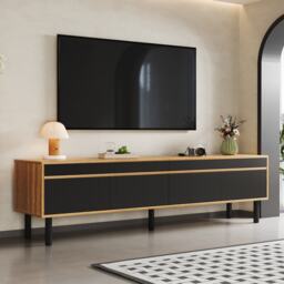 Elegant TV Cabinet with 4 Doors, Striped Design and Wooden Legs, Media Cabinet for Modern Homes, 170L x 38W x 47H cm, Black+Natural - Aosom UK - thumbnail 5