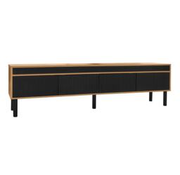 Elegant TV Cabinet with 4 Doors, Striped Design and Wooden Legs, Media Cabinet for Modern Homes, 170L x 38W x 47H cm, Black+Natural - Aosom UK - thumbnail 8