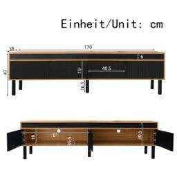 Elegant TV Cabinet with 4 Doors, Striped Design and Wooden Legs, Media Cabinet for Modern Homes, 170L x 38W x 47H cm, Black+Natural - Aosom UK - thumbnail 3