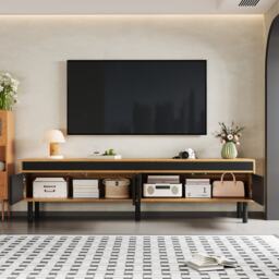 Elegant TV Cabinet with 4 Doors, Striped Design and Wooden Legs, Media Cabinet for Modern Homes, 170L x 38W x 47H cm, Black+Natural - Aosom UK - thumbnail 4