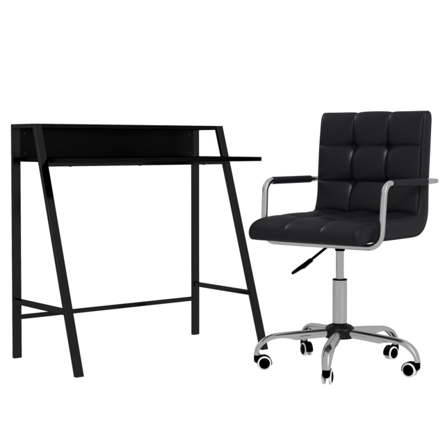 HOMCOM Office Chair and Desk Set, Faux Leather Swivel Chair with Wheels & Study Desk with Storage Shelf, Black - Aosom UK - image 1