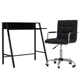 HOMCOM Office Chair and Desk Set, Faux Leather Swivel Chair with Wheels & Study Desk with Storage Shelf, Black - Aosom UK