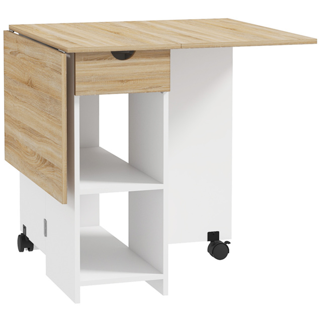 HOMCOM Folding Dining Table, Drop Leaf Table for Small Spaces, Foldable Table with Drawer and Storage Shelves for Kitchen, Dining Room, Oak - image 1