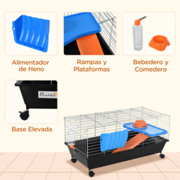 PawHut Pet Abode: 2-Tier Small Animal Cage with Accessories, Secure & Spacious, Blue/Orange - Aosom UK - thumbnail 6