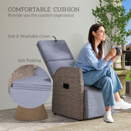 Outsunny Outdoor PE Rattan Leisure Chair with Cushion, Hand-Woven PE Rattan Recliner Garden Chair with Adjustable Back and Footrest, Patio Deck Chair with Side Table, Brown - thumbnail 5