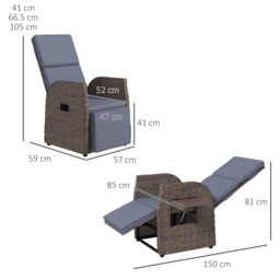 Outsunny Outdoor PE Rattan Leisure Chair with Cushion, Hand-Woven PE Rattan Recliner Garden Chair with Adjustable Back and Footrest, Patio Deck Chair with Side Table, Brown - thumbnail 3