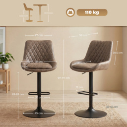 HOMCOM Retro Bar Stools Adjustable High Back Faux Leather Set of Two 360° Swivel Bar Stools for Kitchen Bar Pub, Brown - Aosom UK - thumbnail 3