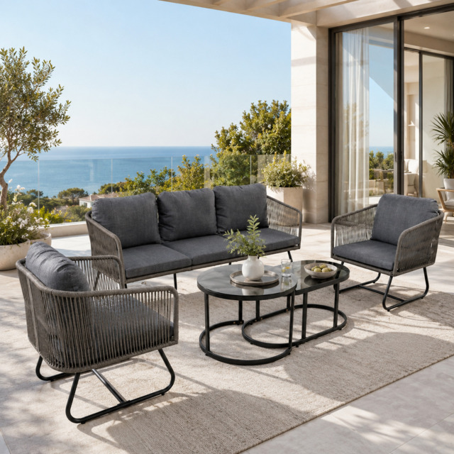 Space-Saving Outdoor Garden Lounge Set with Glass Coffee Table, Adjustable Foot Pads, Garden Settee Set for Patio, Porch, Backyard, Grey - Aosom.UK - image 1