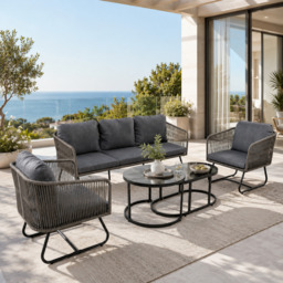 Space-Saving Outdoor Garden Lounge Set with Glass Coffee Table, Adjustable Foot Pads, Garden Settee Set for Patio, Porch, Backyard, Grey - Aosom.UK - thumbnail 1