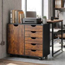 HOMCOM Multi-Storage Mobile Office Storage Cabinet - Rustic Brown - thumbnail 2