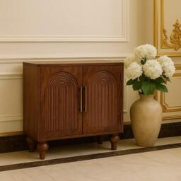 Solid Mango Wood Arco Groove Sideboard with Whimsical Animal Motif, 2-Door Sideboard Ideal for Living Room, 35L x 75W x 71H cm, Brown - Aosom UK