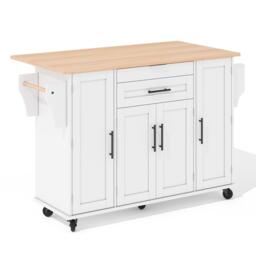 Versatile Kitchen Trolley with Fold-Out Worktop, Spacious Storage Island with Double-Door Cabinets, 136L x 70W x 92H cm, White+Natural - Aosom UK - thumbnail 2