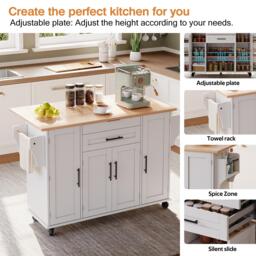 Versatile Kitchen Trolley with Fold-Out Worktop, Spacious Storage Island with Double-Door Cabinets, 136L x 70W x 92H cm, White+Natural - Aosom UK - thumbnail 5