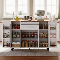 Versatile Kitchen Trolley with Fold-Out Worktop, Spacious Storage Island with Double-Door Cabinets, 136L x 70W x 92H cm, White+Natural - Aosom UK