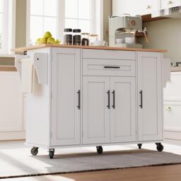 Versatile Kitchen Trolley with Fold-Out Worktop, Spacious Storage Island with Double-Door Cabinets, 136L x 70W x 92H cm, White+Natural - Aosom UK - thumbnail 9