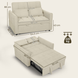 HOMCOM 2 Seater Sofa Bed, 3-in-1 Convertible Sleeper Sofa with Click-clack Adjustable Backrest and 2 Pillows, Light Brown - thumbnail 3