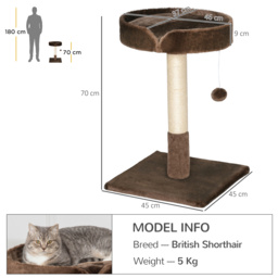 PawHut Compact Cat Tree, Sisal Scratching Post, Soft Bed, Play Toy, for Kittens, Brown, 45x45x70 cm - Aosom UK - thumbnail 3