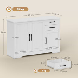 HOMCOM Sideboard with 2 Drawers Modern Storage Cabinet, Kitchen Cupboard with Adjustable Shelf and 3 Doors White - thumbnail 3