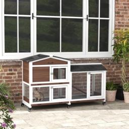 PawHut Pet Hutch, Wooden Two-Tier, with Wheels and Run, Durable, Brown - Aosom UK - thumbnail 2
