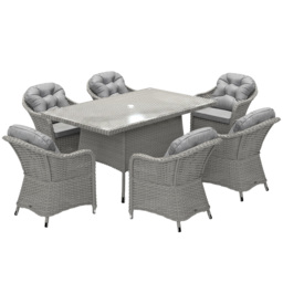 Outsunny 6 Seater Rattan Dining Set with Seat and Back Cushions, PE Rattan Garden Furniture Set, Outdoor Dining Table and Chairs, Rectangular Glass Top Table with Umbrella Hole, Light Grey