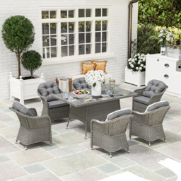 Outsunny 6 Seater Rattan Dining Set with Seat and Back Cushions, PE Rattan Garden Furniture Set, Outdoor Dining Table and Chairs, Rectangular Glass Top Table with Umbrella Hole, Light Grey - thumbnail 2