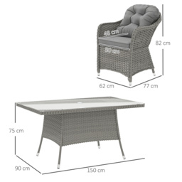 Outsunny 6 Seater Rattan Dining Set with Seat and Back Cushions, PE Rattan Garden Furniture Set, Outdoor Dining Table and Chairs, Rectangular Glass Top Table with Umbrella Hole, Light Grey - thumbnail 3