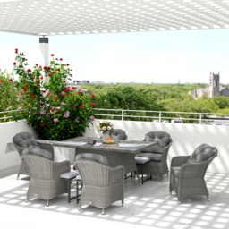 Outsunny 6 Seater Rattan Dining Set with Seat and Back Cushions, PE Rattan Garden Furniture Set, Outdoor Dining Table and Chairs, Rectangular Glass Top Table with Umbrella Hole, Light Grey - thumbnail 8