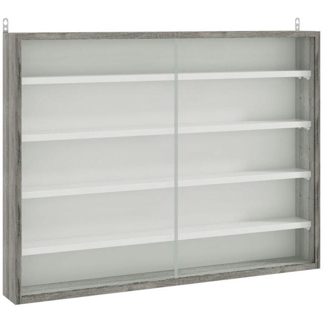 HOMCOM 5-Tier Wall Display Shelf Unit Cabinet w/ 4 Adjustable Shelves Glass Doors Home Office Ornaments 60x80cm Grey Wood Grain - image 1