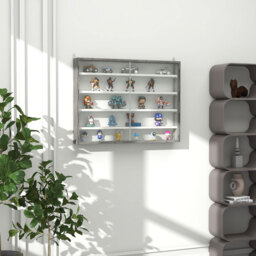HOMCOM 5-Tier Wall Display Shelf Unit Cabinet w/ 4 Adjustable Shelves Glass Doors Home Office Ornaments 60x80cm Grey Wood Grain - thumbnail 2
