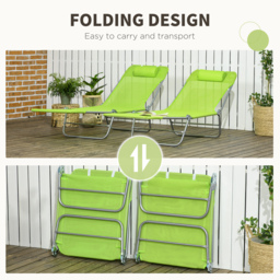 Outsunny Reclining Sun Lounger, Set of 2, Folding Outdoor Day Bed with Pillow, Steel Frame, Breathable Mesh, Green - Aosom UK - thumbnail 5