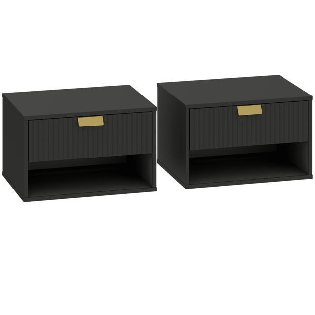 HOMCOM Set of 2 Wall Mounted Nightstands, Floating Bedside Tables with Fluted Drawer and Open Shelf for Small Bedroom, Black - image 1