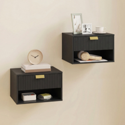 HOMCOM Set of 2 Wall Mounted Nightstands, Floating Bedside Tables with Fluted Drawer and Open Shelf for Small Bedroom, Black - thumbnail 2