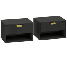HOMCOM Set of 2 Wall Mounted Nightstands, Floating Bedside Tables with Fluted Drawer and Open Shelf for Small Bedroom, Black - thumbnail 1