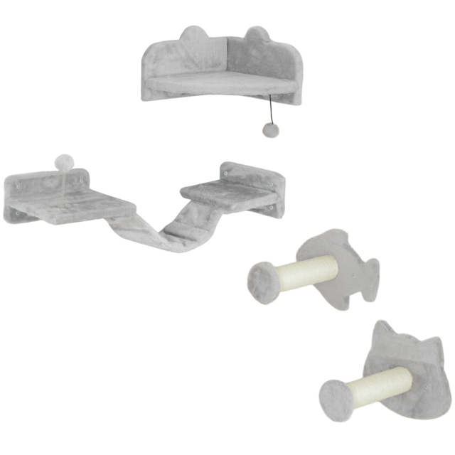 PawHut 4PCs Cat Wall Shelves with Steps, Ladder, Jumping Platforms, Light Grey - Aosom UK - image 1